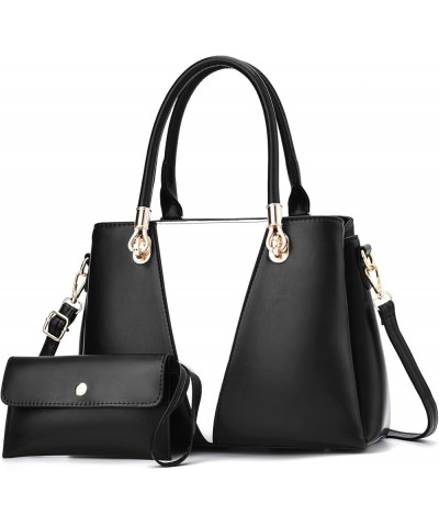 Womens Handbags Purse Top Handle Bags Stitching Leather Satchel Purse Set 2pcs Totes Shoulder Bag for Ladies Black $18.45 Han...