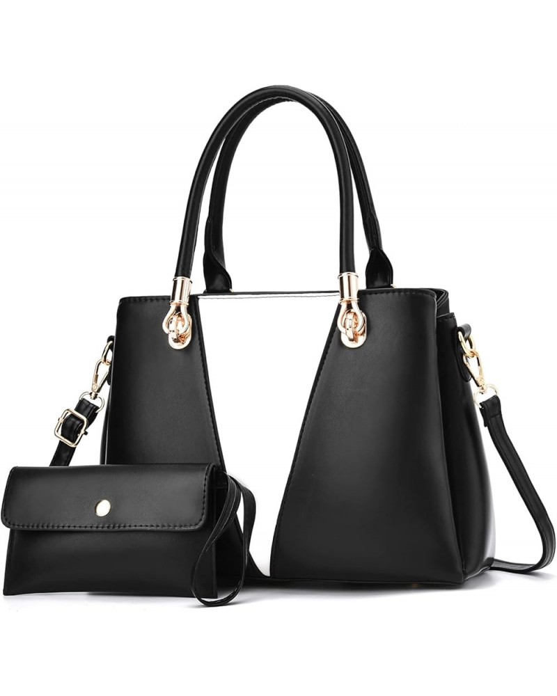 Womens Handbags Purse Top Handle Bags Stitching Leather Satchel Purse Set 2pcs Totes Shoulder Bag for Ladies Black $18.45 Han...