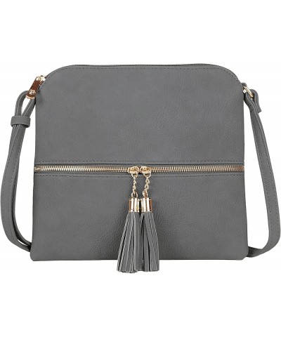 Lightweight Medium Crossbody Bag Shoulder Bag with Tassel and Zipper Pocket Grey $9.20 Crossbody Bags