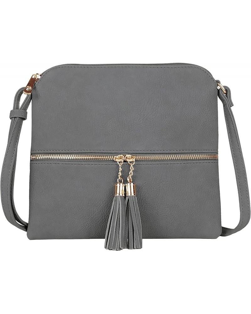 Lightweight Medium Crossbody Bag Shoulder Bag with Tassel and Zipper Pocket Grey $9.20 Crossbody Bags