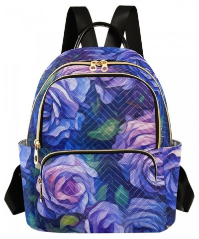 Medium Fashion Backpack for Women Purple Blue Roses Print Ladies Travel Daypack Aesthetic Shoulder Bag 11.4×6.1×14.1 IN $18.0...