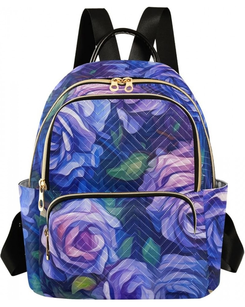 Medium Fashion Backpack for Women Purple Blue Roses Print Ladies Travel Daypack Aesthetic Shoulder Bag 11.4×6.1×14.1 IN $18.0...