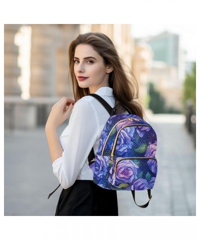 Medium Fashion Backpack for Women Purple Blue Roses Print Ladies Travel Daypack Aesthetic Shoulder Bag 11.4×6.1×14.1 IN $18.0...