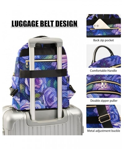 Medium Fashion Backpack for Women Purple Blue Roses Print Ladies Travel Daypack Aesthetic Shoulder Bag 11.4×6.1×14.1 IN $18.0...