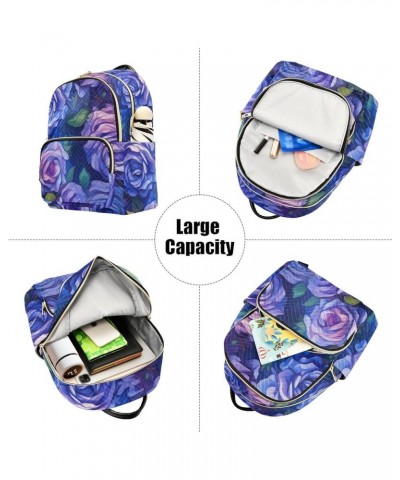 Medium Fashion Backpack for Women Purple Blue Roses Print Ladies Travel Daypack Aesthetic Shoulder Bag 11.4×6.1×14.1 IN $18.0...