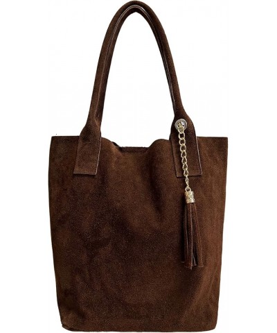 Ladies Genuine Suede Leather Shopper Bag with Same Colour Jewellery Pouch - Handbag - Shoulder Bag Dark Brown (Di Moro) $80.7...