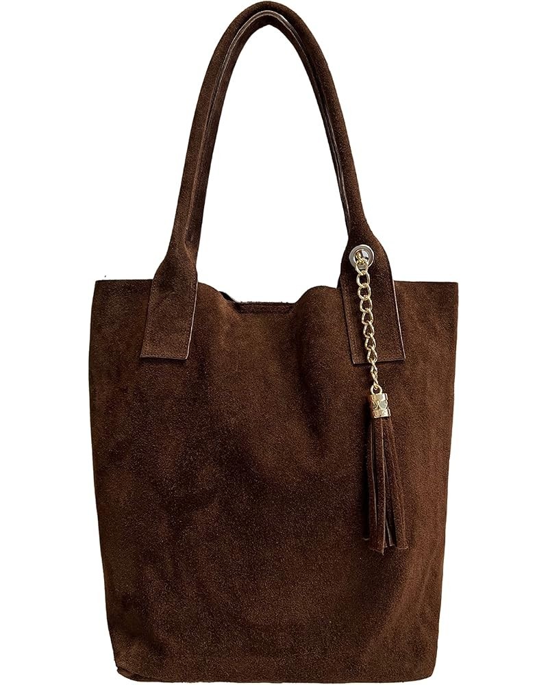 Ladies Genuine Suede Leather Shopper Bag with Same Colour Jewellery Pouch - Handbag - Shoulder Bag Dark Brown (Di Moro) $80.7...