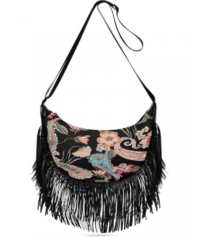 Tassel Strap Purses for Women Crossbody Ethnic Flower Contemporary Black Tassel Detail Medium Crossbody Bags for Women Trendy...