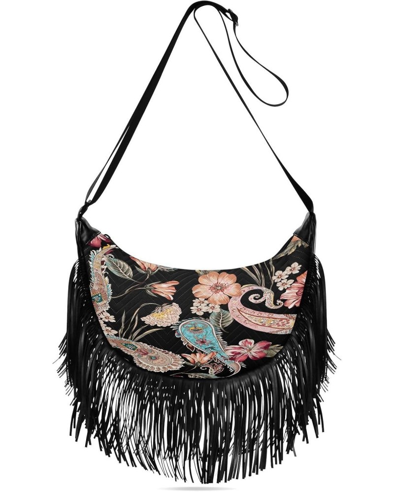 Tassel Strap Purses for Women Crossbody Ethnic Flower Contemporary Black Tassel Detail Medium Crossbody Bags for Women Trendy...