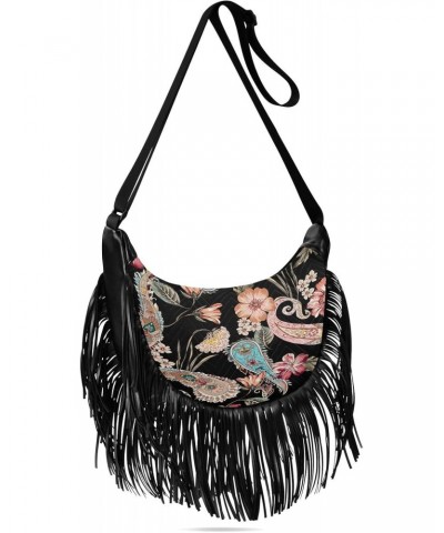 Tassel Strap Purses for Women Crossbody Ethnic Flower Contemporary Black Tassel Detail Medium Crossbody Bags for Women Trendy...