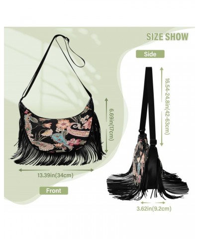 Tassel Strap Purses for Women Crossbody Ethnic Flower Contemporary Black Tassel Detail Medium Crossbody Bags for Women Trendy...