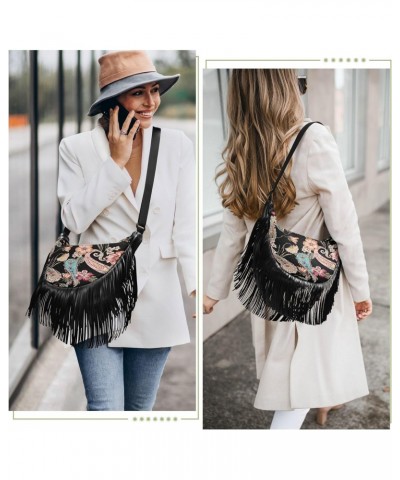 Tassel Strap Purses for Women Crossbody Ethnic Flower Contemporary Black Tassel Detail Medium Crossbody Bags for Women Trendy...