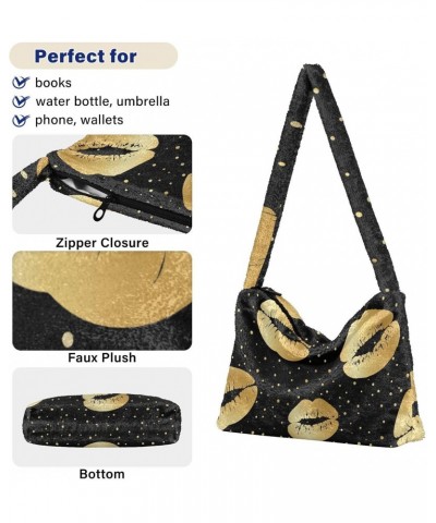 Gold Lips Polka Dots Fluffy Crossbody Bag Furry Tote Bags for Women Fuzzy Purse Handbag Lady Shoulder Bag Large Plush Bag wit...