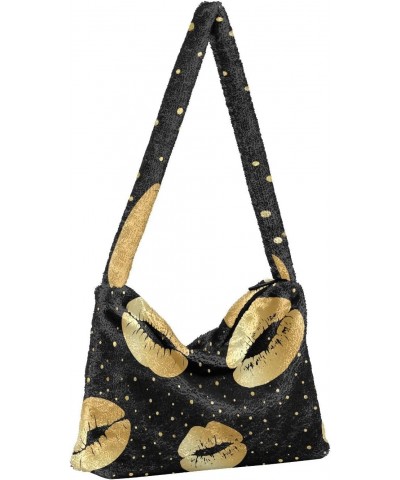 Gold Lips Polka Dots Fluffy Crossbody Bag Furry Tote Bags for Women Fuzzy Purse Handbag Lady Shoulder Bag Large Plush Bag wit...