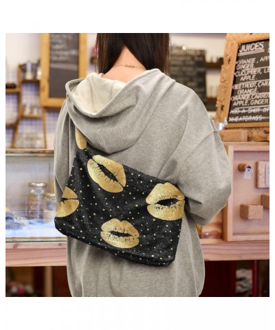 Gold Lips Polka Dots Fluffy Crossbody Bag Furry Tote Bags for Women Fuzzy Purse Handbag Lady Shoulder Bag Large Plush Bag wit...