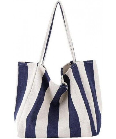 1pc Women's Retro Handbag Net Wide Stripe Canvas Bag Leisure Literature Large Capacity Single Shoulder Bag Blue Stripe 21*39*...