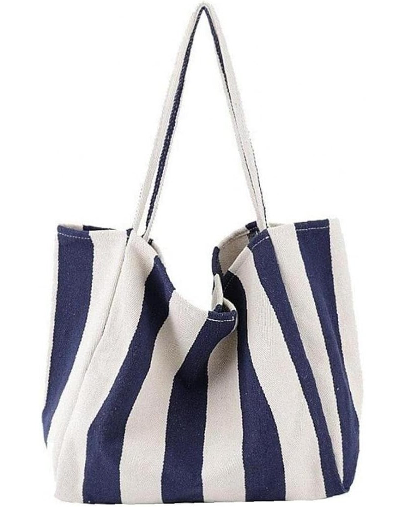 1pc Women's Retro Handbag Net Wide Stripe Canvas Bag Leisure Literature Large Capacity Single Shoulder Bag Blue Stripe 21*39*...