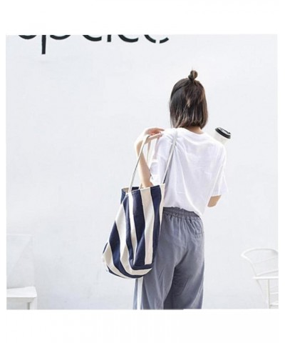 1pc Women's Retro Handbag Net Wide Stripe Canvas Bag Leisure Literature Large Capacity Single Shoulder Bag Blue Stripe 21*39*...