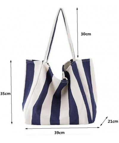 1pc Women's Retro Handbag Net Wide Stripe Canvas Bag Leisure Literature Large Capacity Single Shoulder Bag Blue Stripe 21*39*...