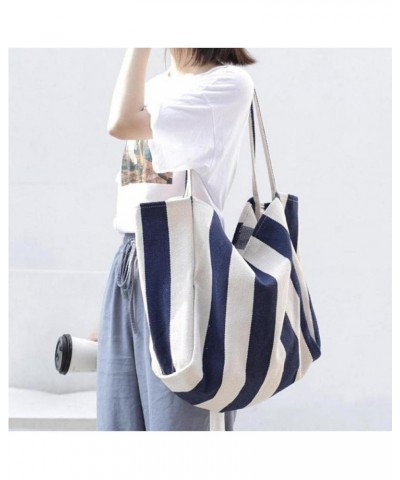 1pc Women's Retro Handbag Net Wide Stripe Canvas Bag Leisure Literature Large Capacity Single Shoulder Bag Blue Stripe 21*39*...