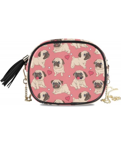 Small Crossbody Bag Valentine Pug Dog Heart Womens Shoulder Chain Bag PU Leather Small Purse With Tassel $10.32 Shoulder Bags