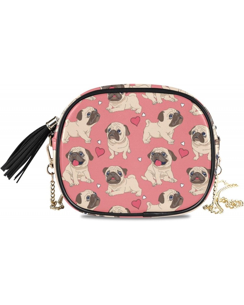 Small Crossbody Bag Valentine Pug Dog Heart Womens Shoulder Chain Bag PU Leather Small Purse With Tassel $10.32 Shoulder Bags