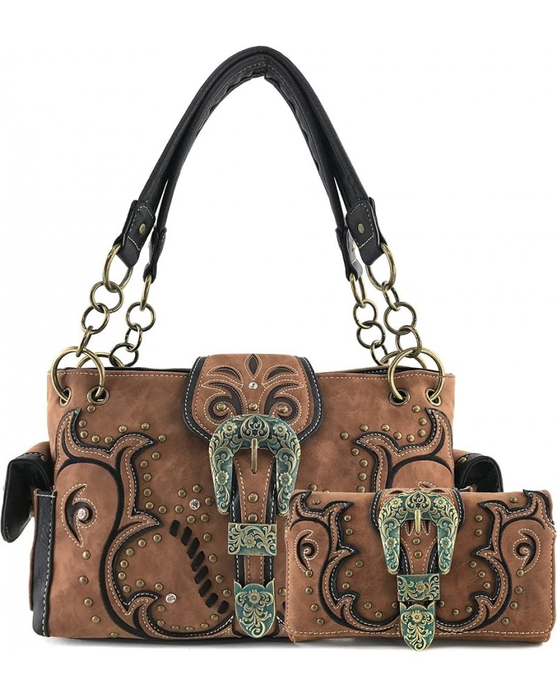 Patina Girl Western Bronze Floral Buckle Conceal Carry Handbag Purse Tote and Strap Wallet Brown Handbag and Wallet $26.65 Totes