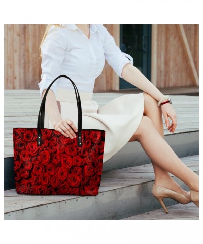 Red Rose Valentines Day Tote Bag Women Shoulder Handbags PU Leather Everyday Bag with External Pocket Large Capacity Aestheti...