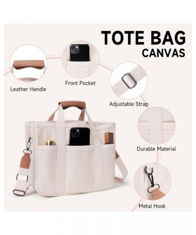 Women Multi-pocket Canvas Tote Bag Durable Large Capacity Crossbody Handbag Casual Practical Shoulder Bag with Compartments W...