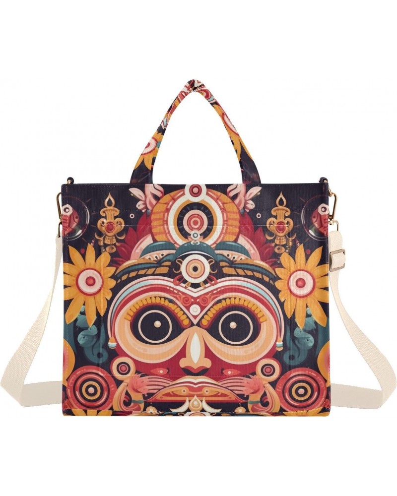 Corduroy Women Tote Bag - Tribal Totem Face, Handbag Purses with Detachable Strap $17.10 Crossbody Bags