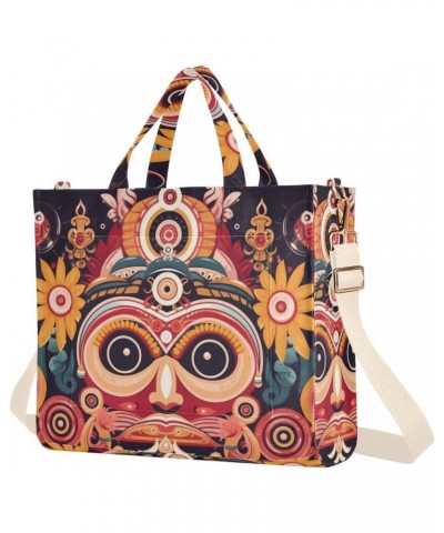 Corduroy Women Tote Bag - Tribal Totem Face, Handbag Purses with Detachable Strap $17.10 Crossbody Bags