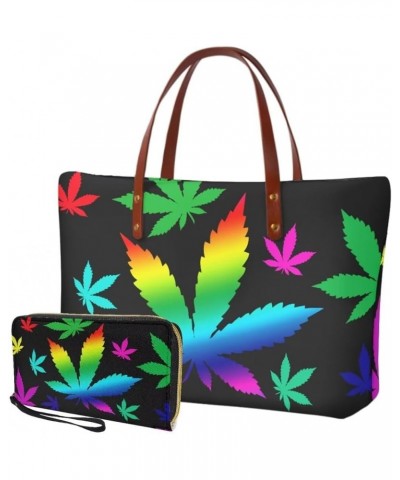 2 Pcs Large Tote Handbag with PU Wallet, Women Hand bags Purses, Top Handle Bag Satchel Shoulder Bag Tropical Leaves-black $2...