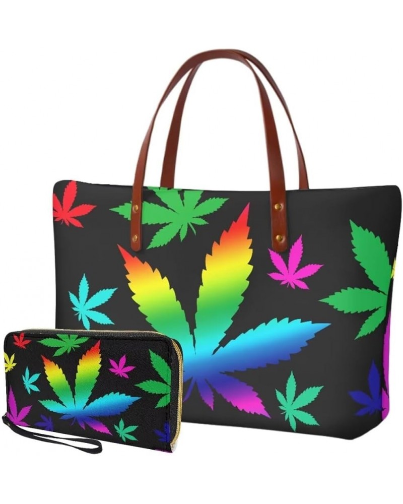 2 Pcs Large Tote Handbag with PU Wallet, Women Hand bags Purses, Top Handle Bag Satchel Shoulder Bag Tropical Leaves-black $2...