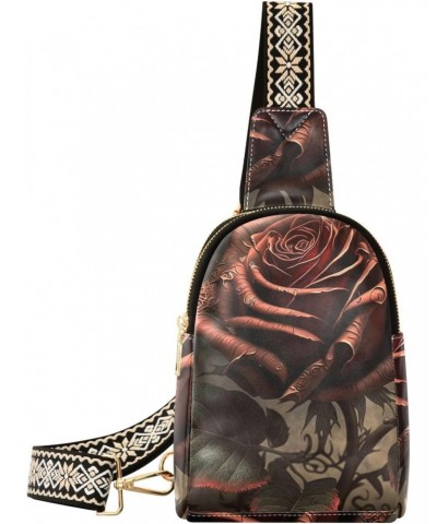 Vintagered Rose Print Women Sling Bag with Adjustable Strap Zipper Closure, PU Leather Water Resistant Crossbody Bag Purse Ch...