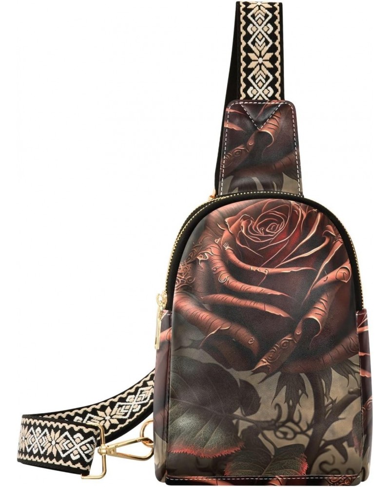 Vintagered Rose Print Women Sling Bag with Adjustable Strap Zipper Closure, PU Leather Water Resistant Crossbody Bag Purse Ch...