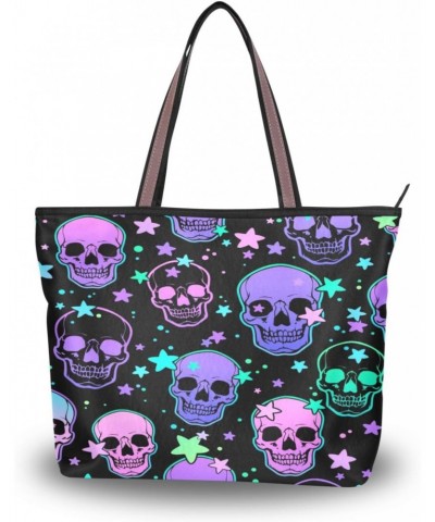 Womens Tote Bag, Bright Human Skulls and Stars Ladies Zip Shoulder Handbags $11.28 Shoulder Bags