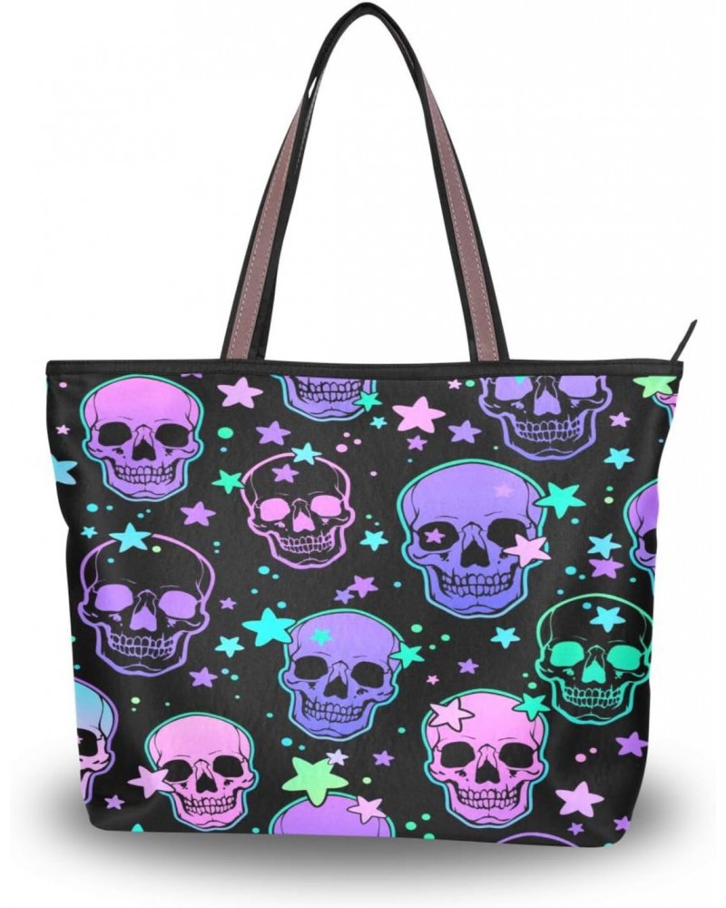 Womens Tote Bag, Bright Human Skulls and Stars Ladies Zip Shoulder Handbags $11.28 Shoulder Bags