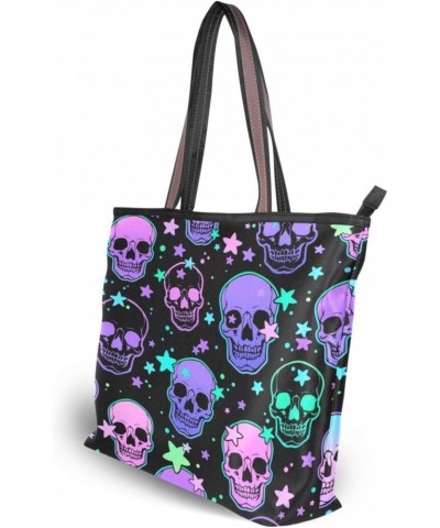 Womens Tote Bag, Bright Human Skulls and Stars Ladies Zip Shoulder Handbags $11.28 Shoulder Bags