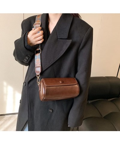 Cylinder Crossbody Bag for Women Leather Flap Purse Handbag Barrel Purse Trendy Shoulder Bag with Wide Strap (Black) Coffee $...