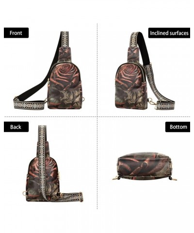 Vintagered Rose Print Women Sling Bag with Adjustable Strap Zipper Closure, PU Leather Water Resistant Crossbody Bag Purse Ch...