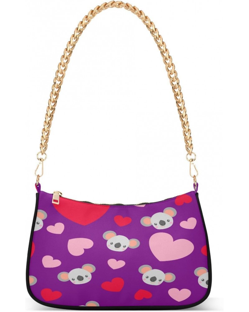 Red Purple Hearts Koala Womens Shoulder Bag for Women Hobo Tote Handbag Gold Chain Crossbody Bag with Zipper Clutch Purse Han...