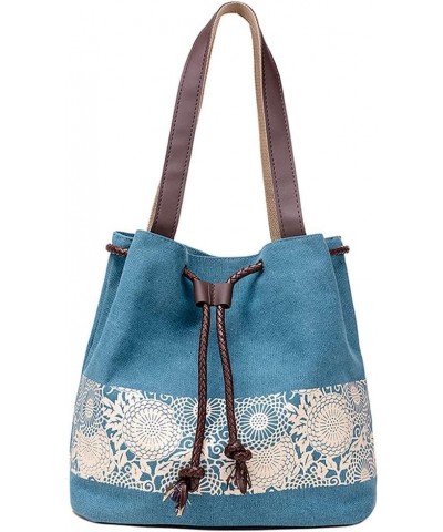 Printed Handbag for Women Cotton Canvas Shoulder Bag Retro Satchel Top Handle Tote Bag Casual Purse with Drawstring Blue $25....