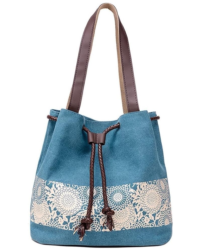 Printed Handbag for Women Cotton Canvas Shoulder Bag Retro Satchel Top Handle Tote Bag Casual Purse with Drawstring Blue $25....