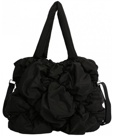 New Korean Style Pleated Large-Capacity One-Shoulder Women's Winter Cotton Bucket Bag Black $32.29 Totes