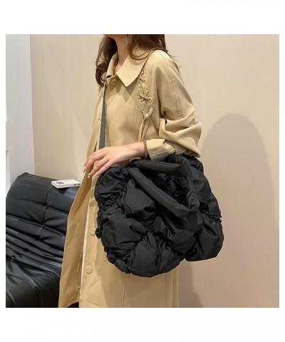 New Korean Style Pleated Large-Capacity One-Shoulder Women's Winter Cotton Bucket Bag Black $32.29 Totes