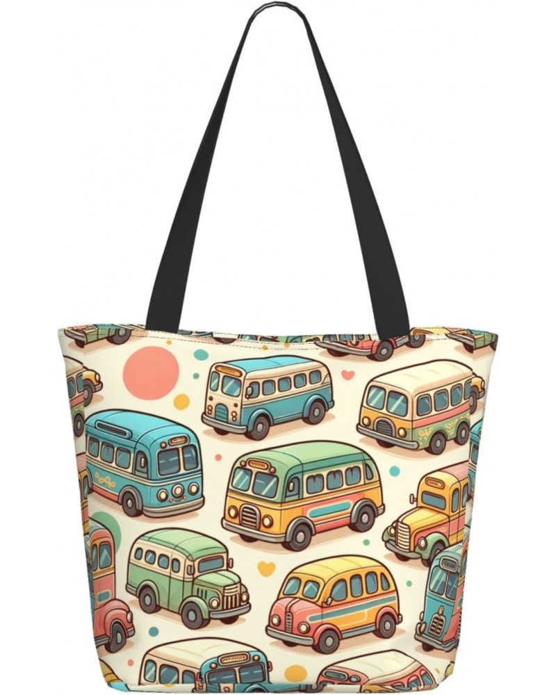 Women Shoulder Bag Pastel-Cartoon-Bus Foldable Tote Bag With Zipper Closure Casual Shopping Purse Daily Bag $18.55 Totes