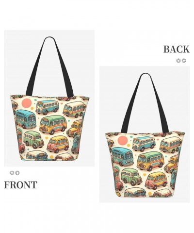 Women Shoulder Bag Pastel-Cartoon-Bus Foldable Tote Bag With Zipper Closure Casual Shopping Purse Daily Bag $18.55 Totes