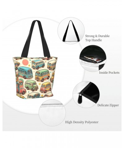 Women Shoulder Bag Pastel-Cartoon-Bus Foldable Tote Bag With Zipper Closure Casual Shopping Purse Daily Bag $18.55 Totes