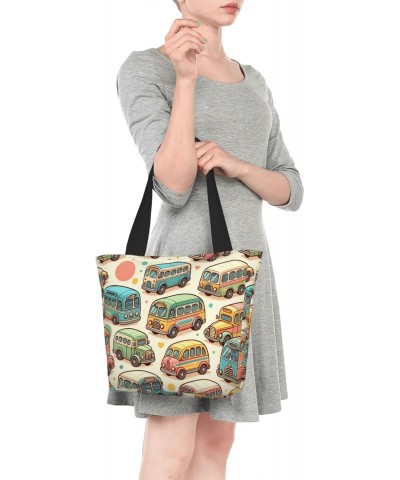 Women Shoulder Bag Pastel-Cartoon-Bus Foldable Tote Bag With Zipper Closure Casual Shopping Purse Daily Bag $18.55 Totes