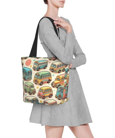 Women Shoulder Bag Pastel-Cartoon-Bus Foldable Tote Bag With Zipper Closure Casual Shopping Purse Daily Bag $18.55 Totes